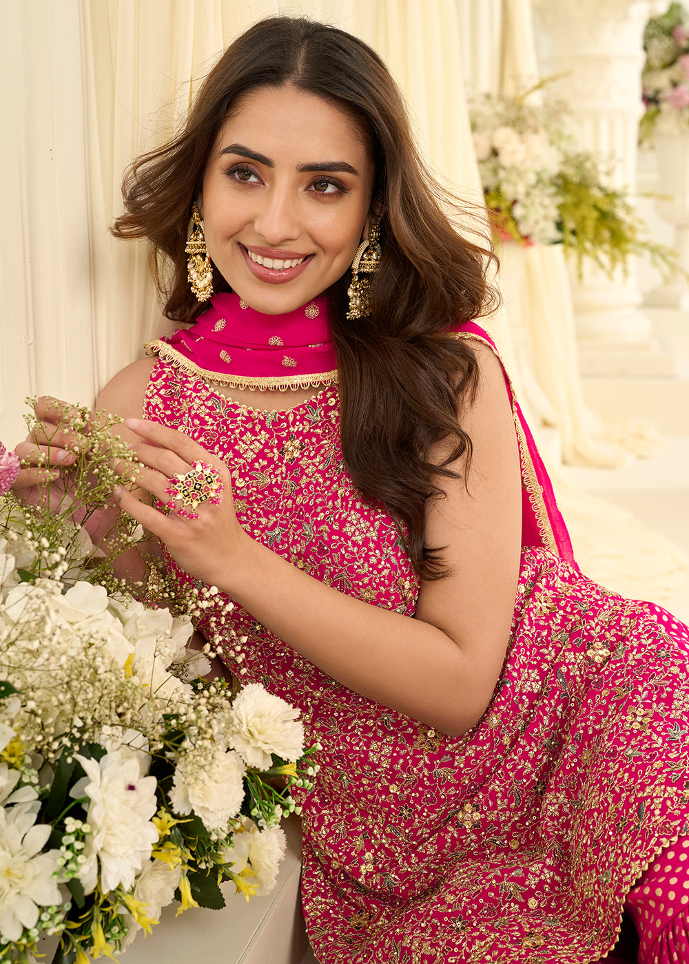 Shop Now Pink Premium Georgette Swarovski Zarkan Festive Gharara Suit Online at Empress in US, UK, Canada, Germany, Australia, Sweden, Denmark, UAE & Worldwide.