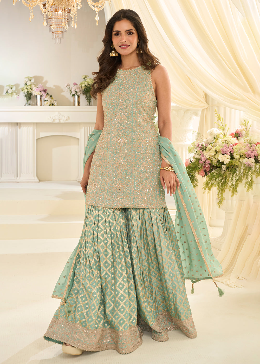 Shop Now Green Premium Georgette Swarovski Zarkan Festive Gharara Suit Online at Empress in US, UK, Canada, Germany, Australia, Sweden, Denmark, UAE & Worldwide