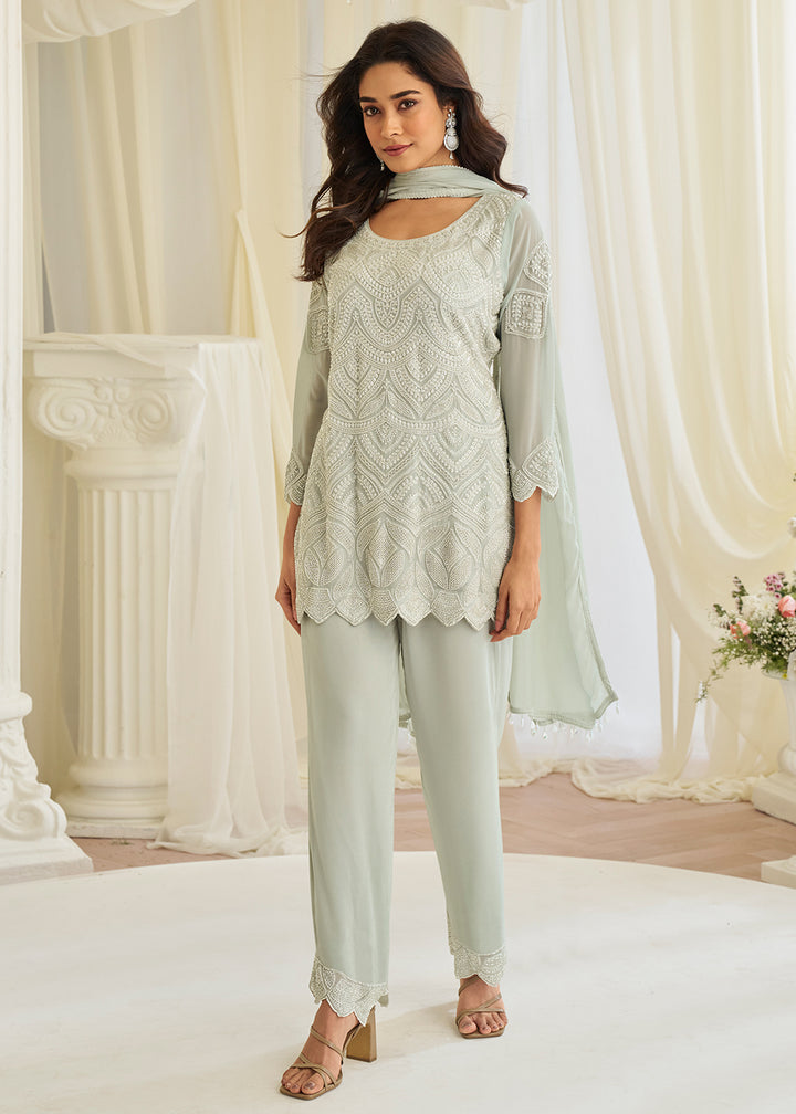 Buy Now Grey Eid Style & Festive Wear Pant Style Salwar Suit Online in New York, Las Vegas, Newark, Chicago, Houston, Fremont, Dubai & Worldwide at Empress.