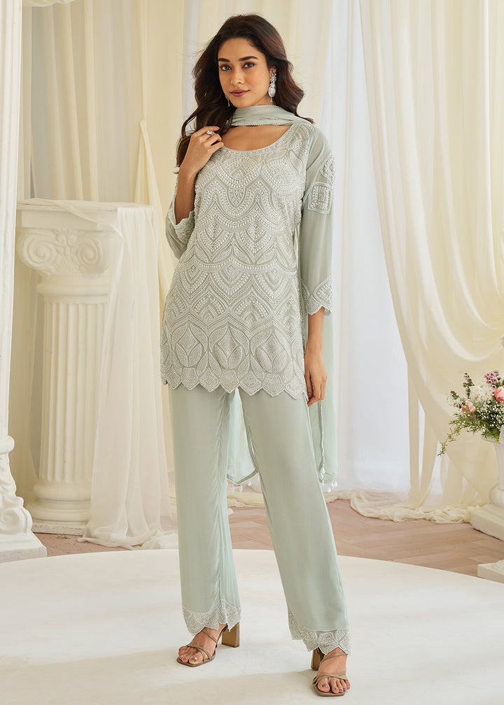 Buy Now Grey Eid Style & Festive Wear Pant Style Salwar Suit Online in New York, Las Vegas, Newark, Chicago, Houston, Fremont, Dubai & Worldwide at Empress.
