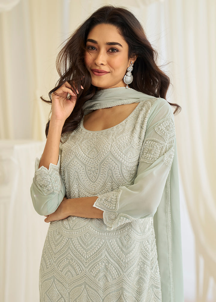 Buy Now Grey Eid Style & Festive Wear Pant Style Salwar Suit Online in New York, Las Vegas, Newark, Chicago, Houston, Fremont, Dubai & Worldwide at Empress.