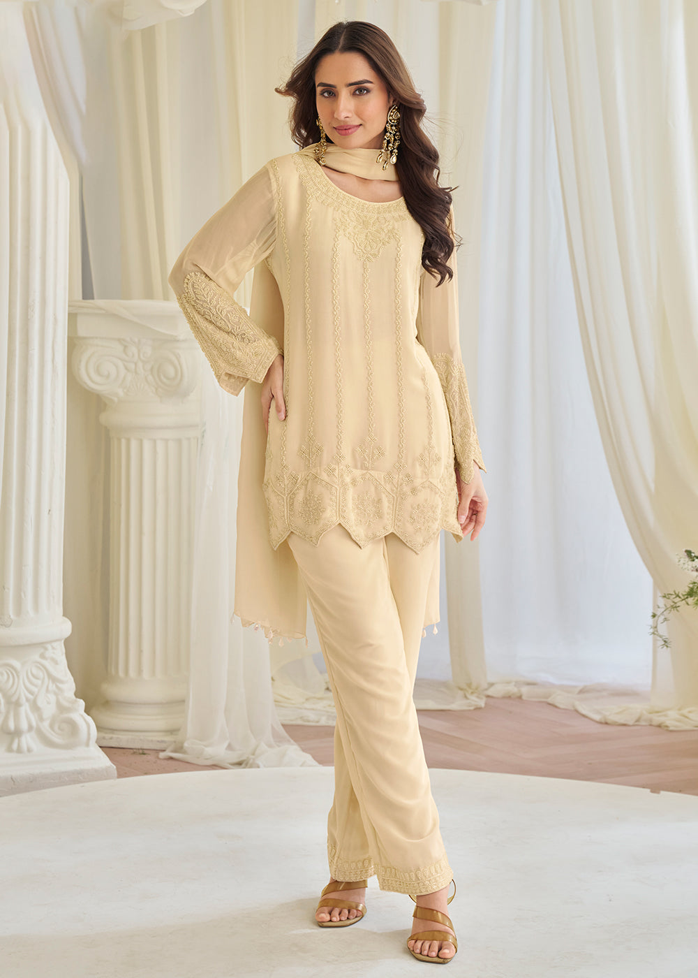 Buy Now Festive Wear Cream Georgette Trouser Style Suit Online in Toronto, Newark, Katy, Houston, Fremont, Utah, Los Angeles, Boston & Worldwide at Empress.