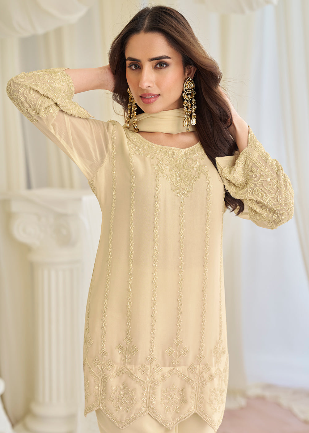 Buy Now Festive Wear Cream Georgette Trouser Style Suit Online in Toronto, Newark, Katy, Houston, Fremont, Utah, Los Angeles, Boston & Worldwide at Empress.