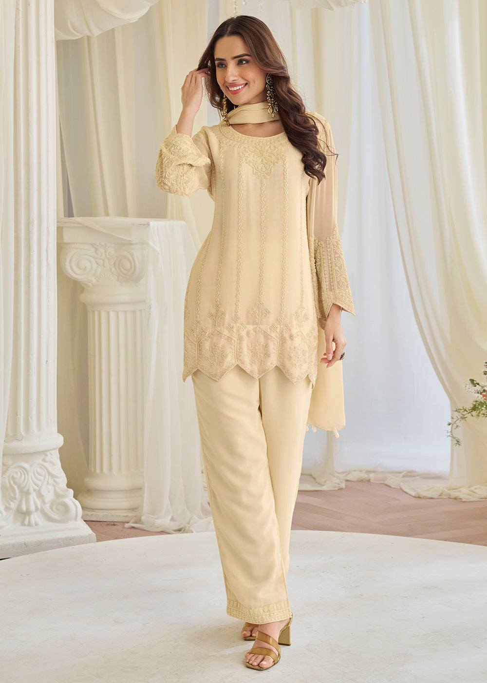 Buy Now Festive Wear Cream Georgette Trouser Style Suit Online in Toronto, Newark, Katy, Houston, Fremont, Utah, Los Angeles, Boston & Worldwide at Empress.