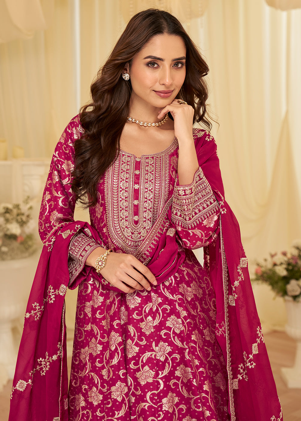 Buy Pink Viscose Jacquard Silk With Embroidery Work Anarkali Suit Online in US, UK, Sweden, Denmark, Greece, Germany, Canada, Austria & Worldwide at Empress.