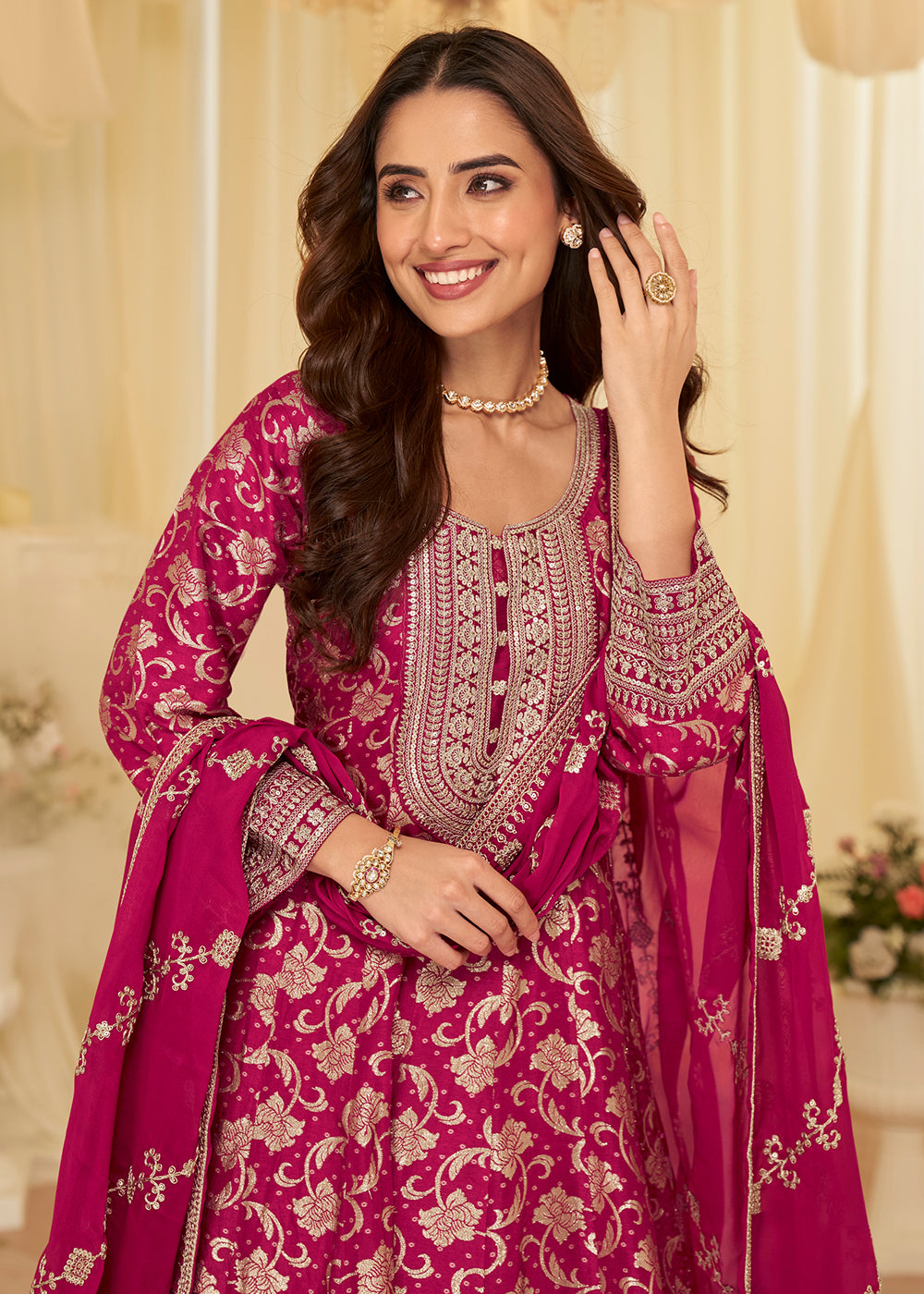 Buy Pink Viscose Jacquard Silk With Embroidery Work Anarkali Suit Online in US, UK, Sweden, Denmark, Greece, Germany, Canada, Austria & Worldwide at Empress.