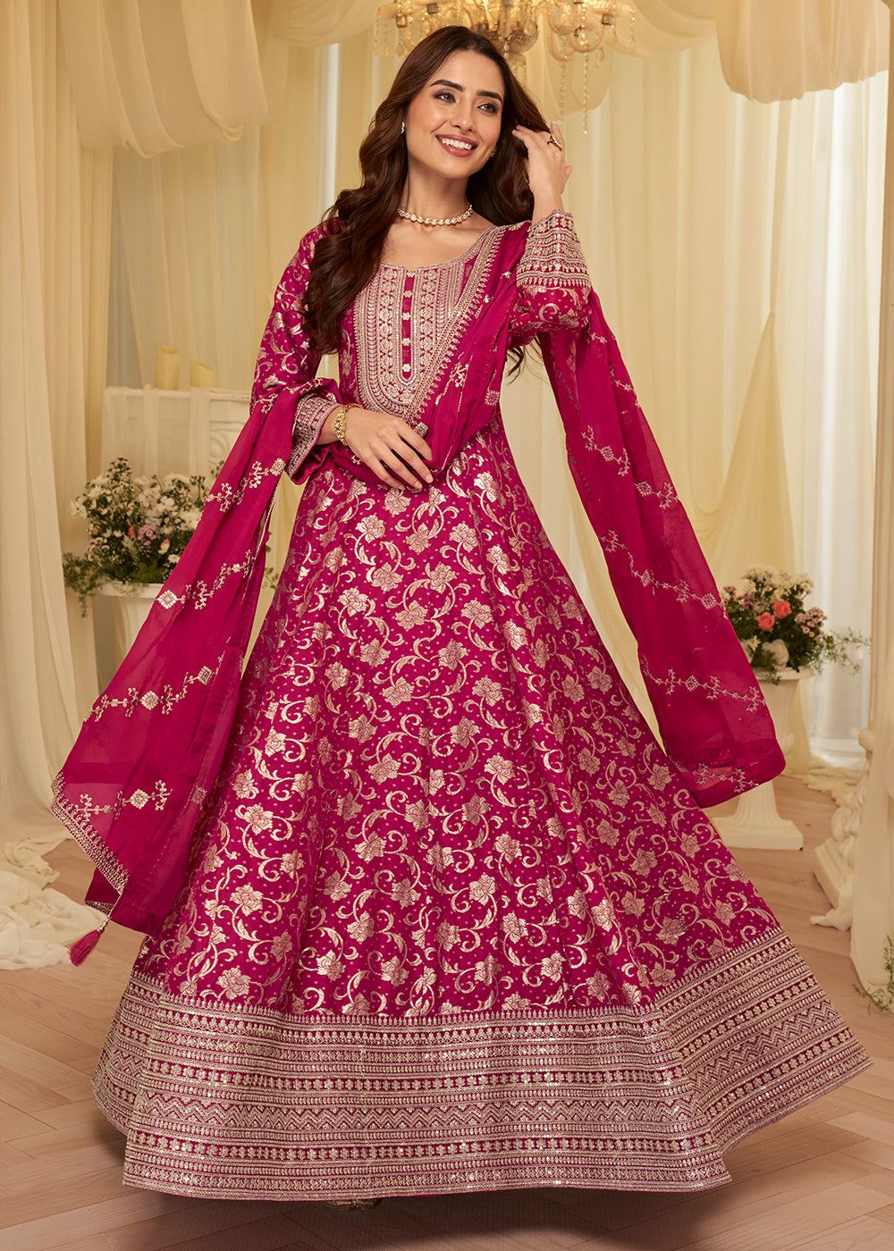 Buy Pink Viscose Jacquard Silk With Embroidery Work Anarkali Suit Online in US, UK, Sweden, Denmark, Greece, Germany, Canada, Austria & Worldwide at Empress.