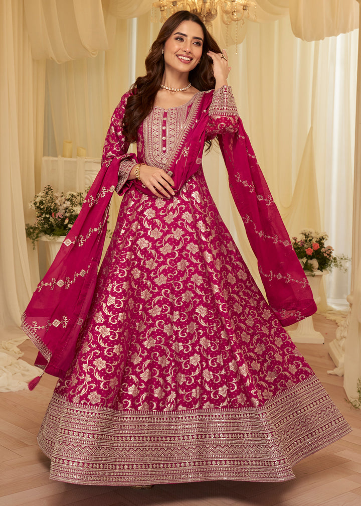 Buy Pink Viscose Jacquard Silk With Embroidery Work Anarkali Suit Online in US, UK, Sweden, Denmark, Greece, Germany, Canada, Austria & Worldwide at Empress.