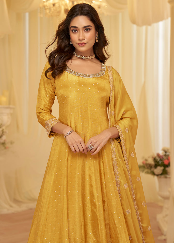 Buy Yellow Viscose Jacquard Silk With Embroidery Work Anarkali Suit Online in US, UK, Sweden, Denmark, Greece, Germany, Canada, Austria & Worldwide at Empress.