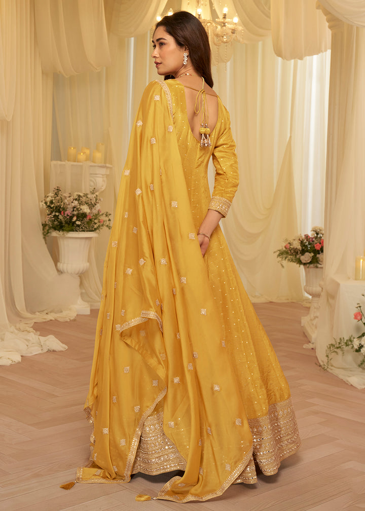 Buy Yellow Viscose Jacquard Silk With Embroidery Work Anarkali Suit Online in US, UK, Sweden, Denmark, Greece, Germany, Canada, Austria & Worldwide at Empress.