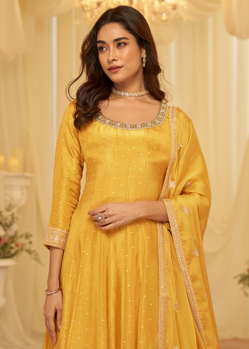Buy Yellow Viscose Jacquard Silk With Embroidery Work Anarkali Suit Online in US, UK, Sweden, Denmark, Greece, Germany, Canada, Austria & Worldwide at Empress.
