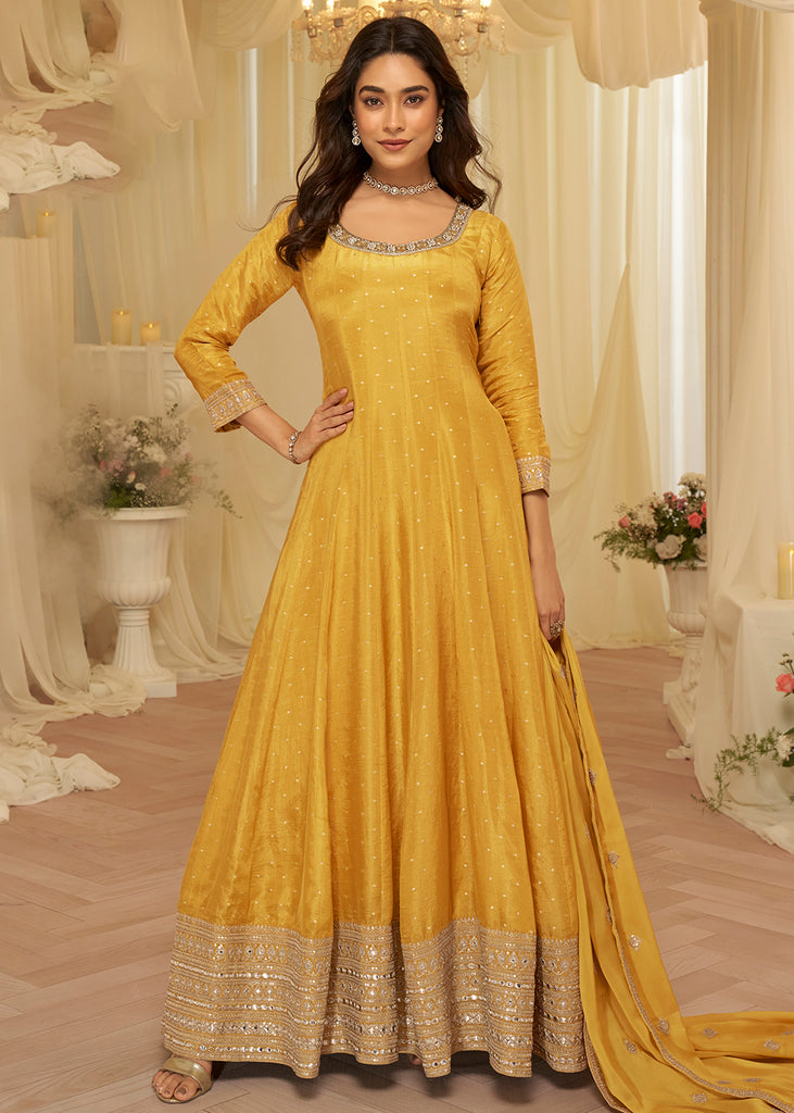 Buy Yellow Viscose Jacquard Silk With Embroidery Work Anarkali Suit – Empress Clothing