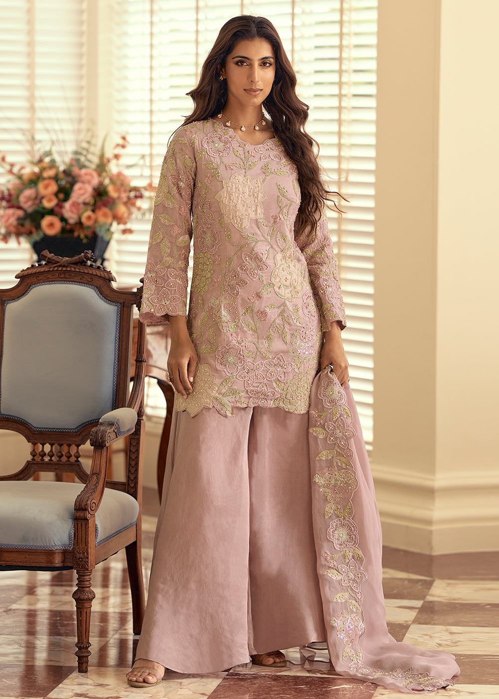Buy Now  Shimmer Silk Pink Pakistani Style Embroidered Palazzo Suit Online in US, UK, Canada, Netherlands, Germany, Italy, France, Sweden & Worldwide at Empress.