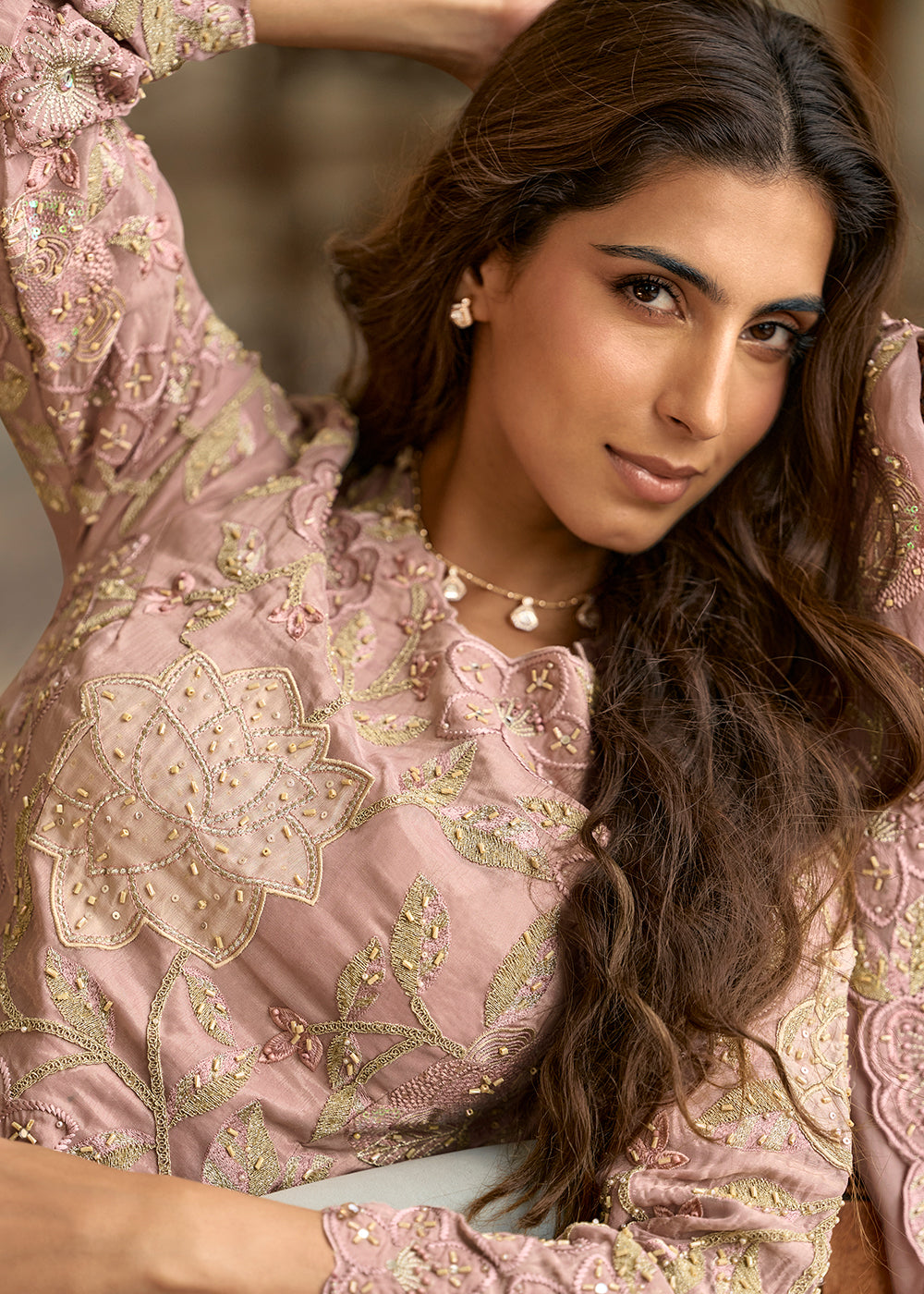 Buy Now  Shimmer Silk Pink Pakistani Style Embroidered Palazzo Suit Online in US, UK, Canada, Netherlands, Germany, Italy, France, Sweden & Worldwide at Empress.