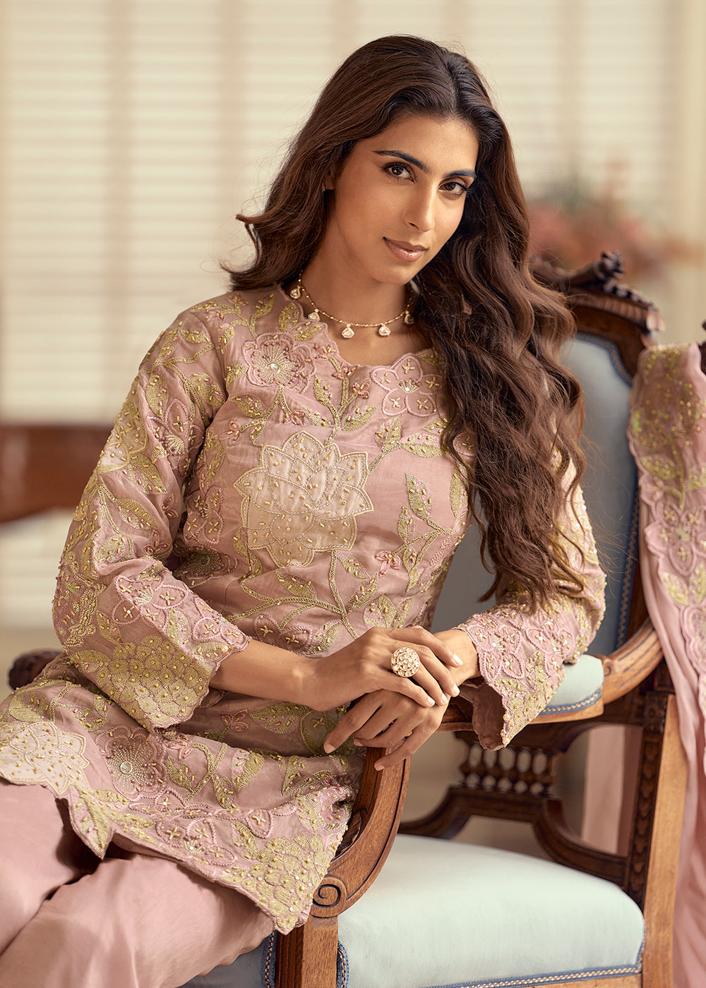 Buy Now  Shimmer Silk Pink Pakistani Style Embroidered Palazzo Suit Online in US, UK, Canada, Netherlands, Germany, Italy, France, Sweden & Worldwide at Empress.