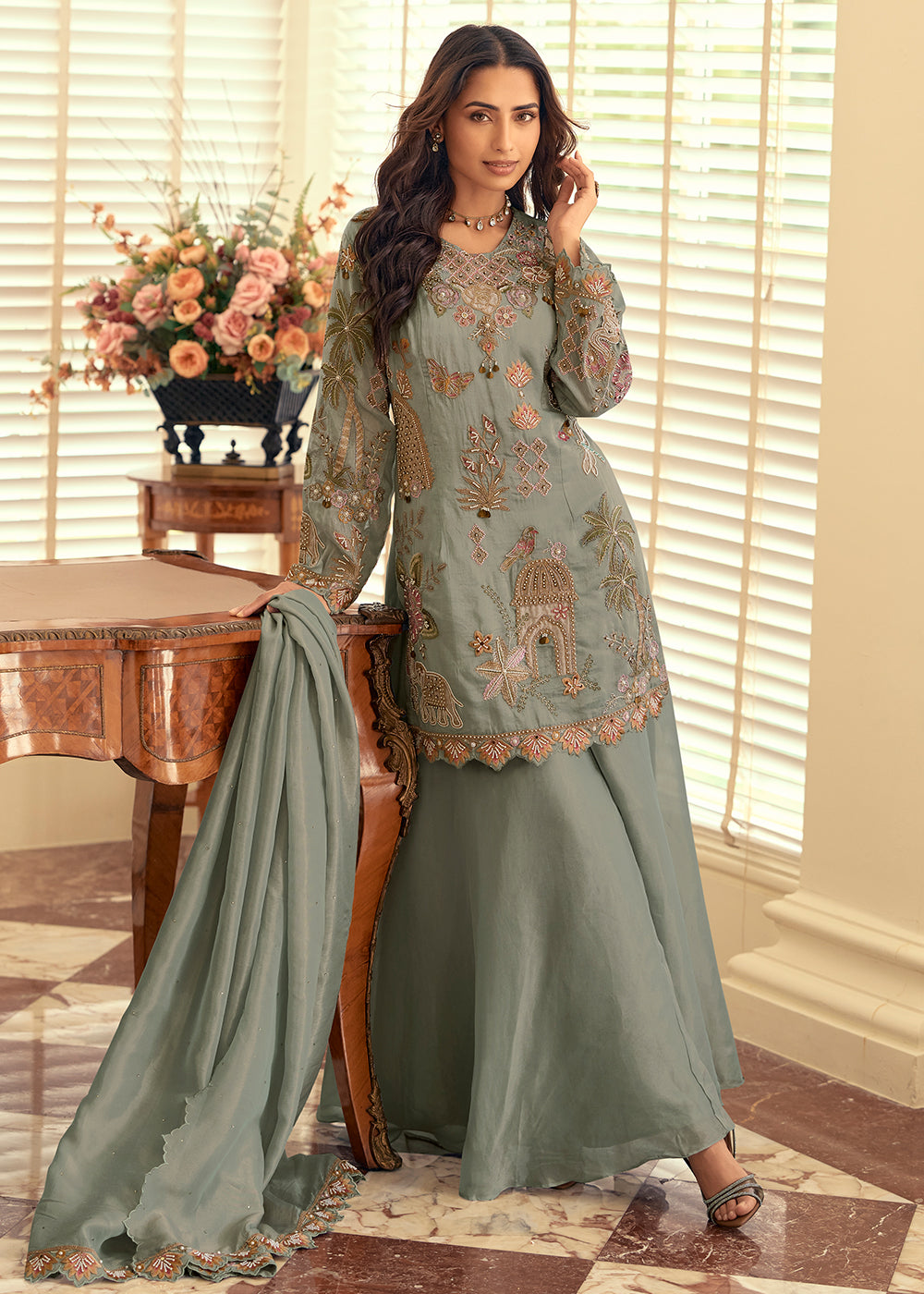 Buy Now  Shimmer Silk Grey Pakistani Style Embroidered Palazzo Suit Online in US, UK, Canada, Netherlands, Germany, Italy, France, Sweden & Worldwide at Empress