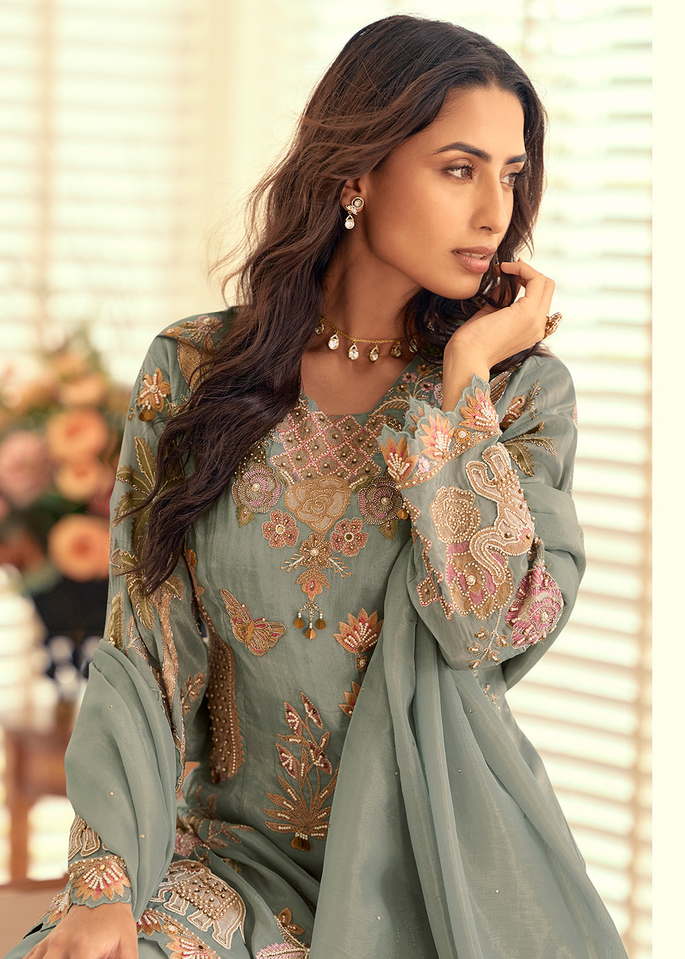Buy Now  Shimmer Silk Grey Pakistani Style Embroidered Palazzo Suit Online in US, UK, Canada, Netherlands, Germany, Italy, France, Sweden & Worldwide at Empress