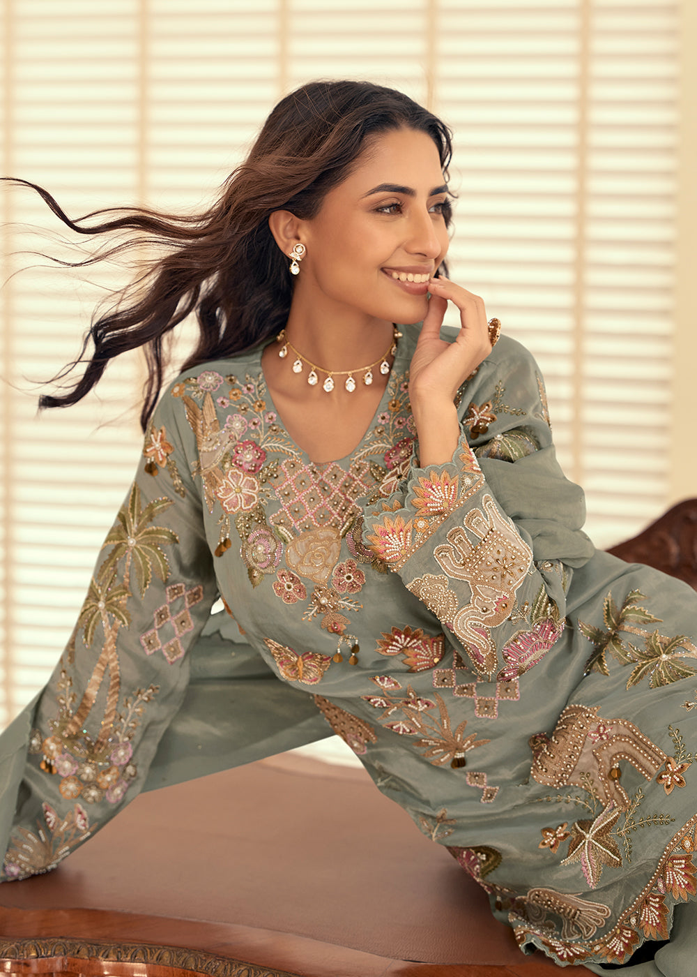 Buy Now Shimmer Silk Grey Pakistani Style Embroidered Palazzo Suit Online in US, UK, Canada, Netherlands, Germany, Italy, France, Sweden & Worldwide at Empress