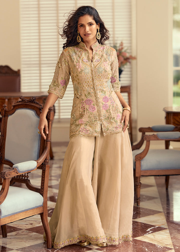 Buy Now Shimmer Silk Beige Pakistani Style Embroidered Palazzo Suit Online in US, UK, Canada, Netherlands, Germany, Italy, France, Sweden & Worldwide at Empress