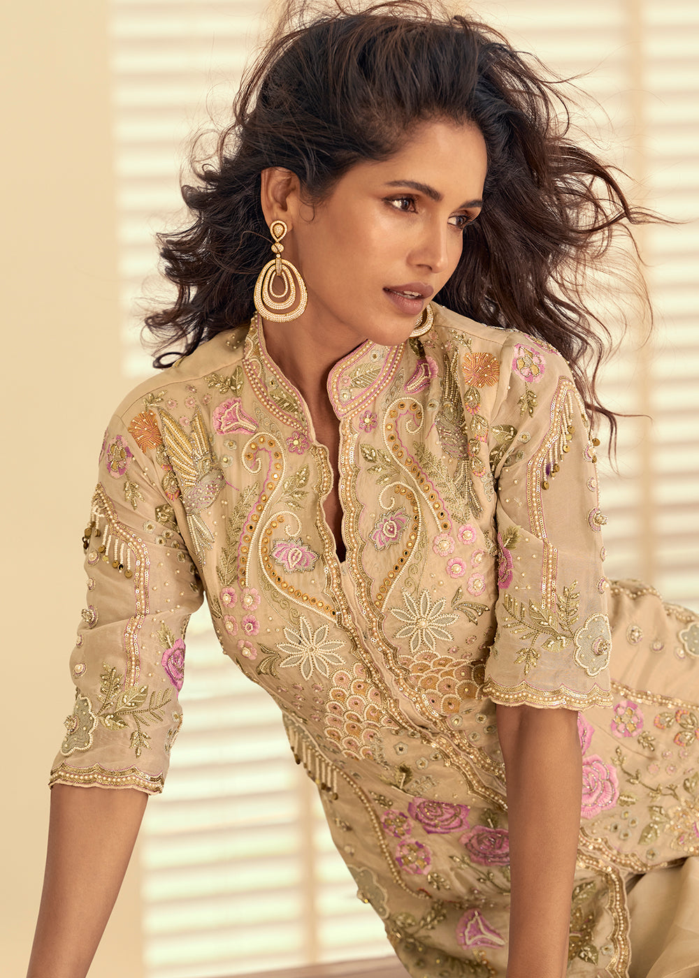 Buy Now Shimmer Silk Beige Pakistani Style Embroidered Palazzo Suit Online in US, UK, Canada, Netherlands, Germany, Italy, France, Sweden & Worldwide at Empress