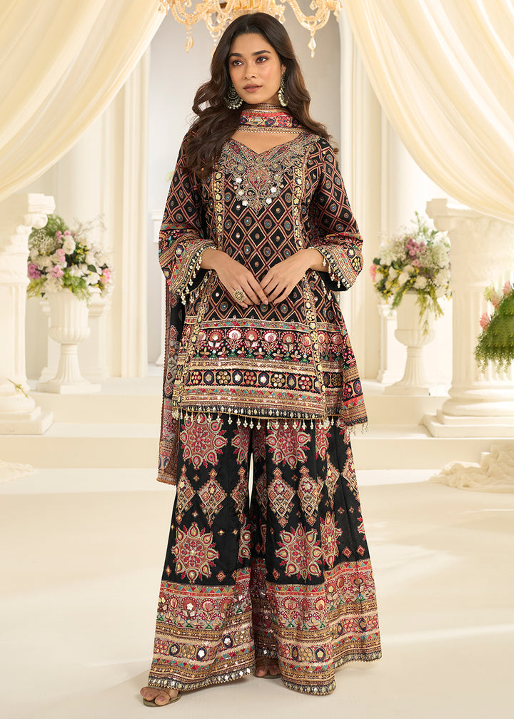 Buy Now Black Crepe Silk Aari & Gota Patti Work Palazzo Style Suit Online in Toronto, Newark, Katy, Houston, Fremont, Nevada, Boston, UAE& Worldwide at Empress.