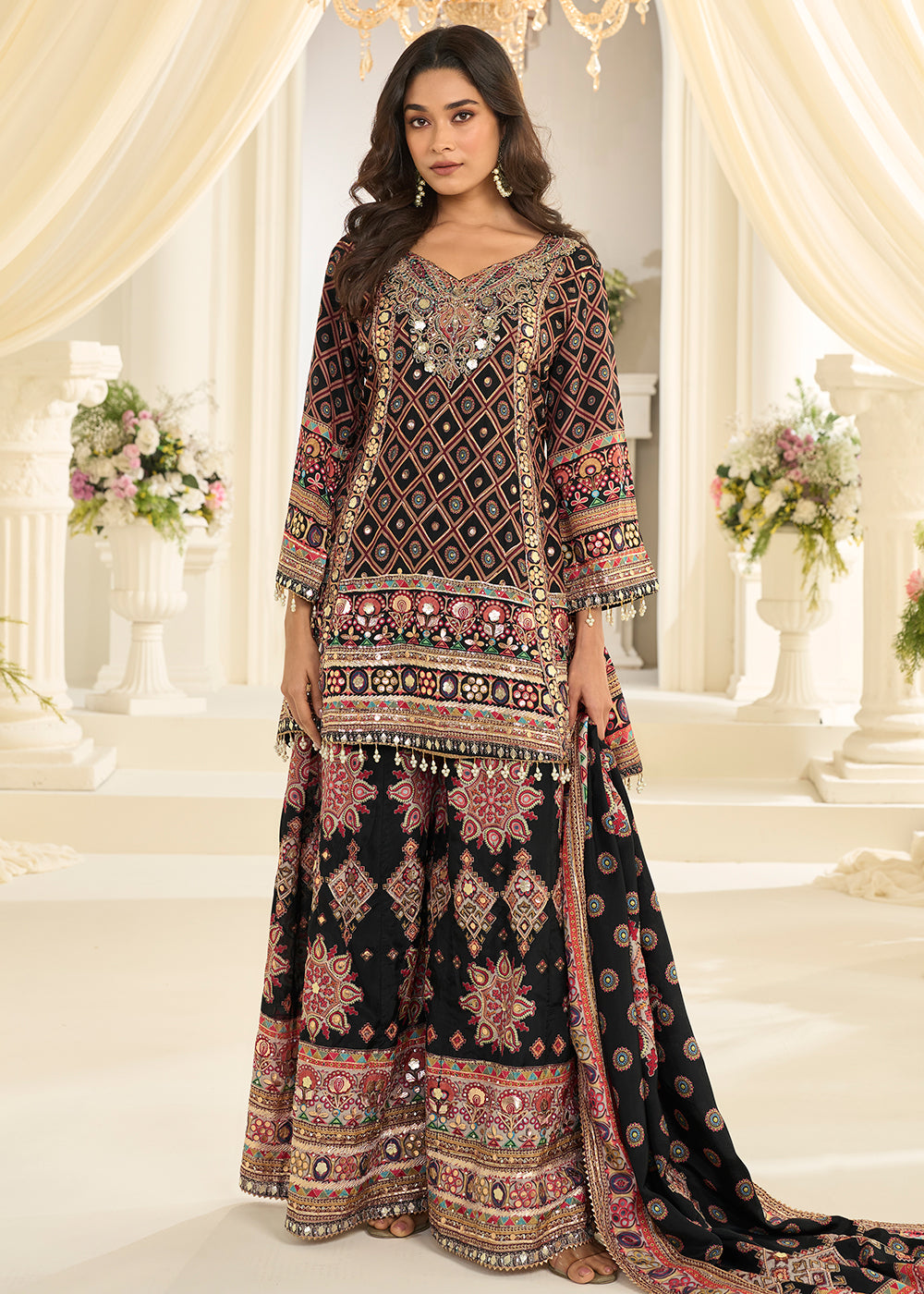 Buy Now Black Crepe Silk Aari & Gota Patti Work Palazzo Style Suit Online in Toronto, Newark, Katy, Houston, Fremont, Nevada, Boston, UAE& Worldwide at Empress.