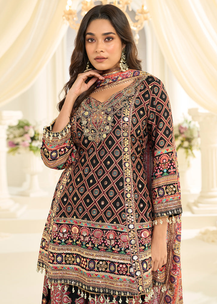 Buy Now Black Crepe Silk Aari & Gota Patti Work Palazzo Style Suit Online in Toronto, Newark, Katy, Houston, Fremont, Nevada, Boston, UAE& Worldwide at Empress.