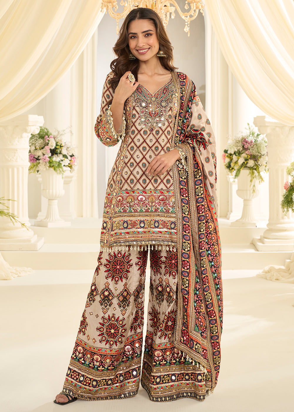 Buy Now Beige Crepe Silk Aari & Gota Patti Work Palazzo Style Suit Online in Toronto, Newark, Katy, Houston, Fremont, Nevada, Boston, UAE& Worldwide at Empress.