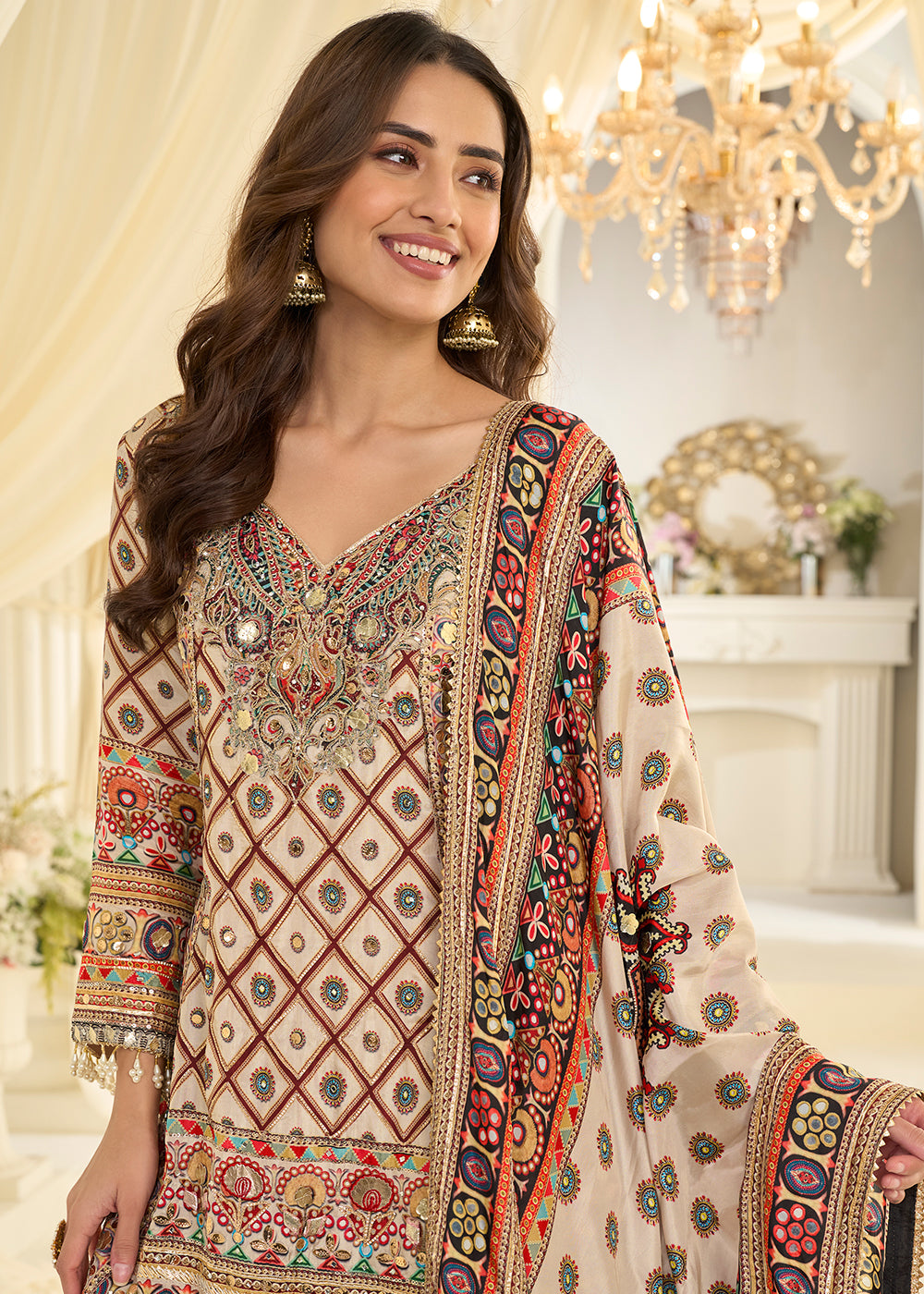 Buy Now Beige Crepe Silk Aari & Gota Patti Work Palazzo Style Suit Online in Toronto, Newark, Katy, Houston, Fremont, Nevada, Boston, UAE& Worldwide at Empress.