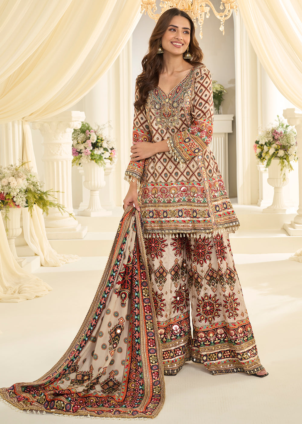 Buy Now Beige Crepe Silk Aari & Gota Patti Work Palazzo Style Suit Online in Toronto, Newark, Katy, Houston, Fremont, Nevada, Boston, UAE& Worldwide at Empress.