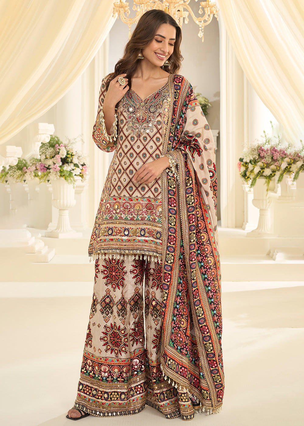Buy Now Beige Crepe Silk Aari & Gota Patti Work Palazzo Style Suit Online in Toronto, Newark, Katy, Houston, Fremont, Nevada, Boston, UAE& Worldwide at Empress.