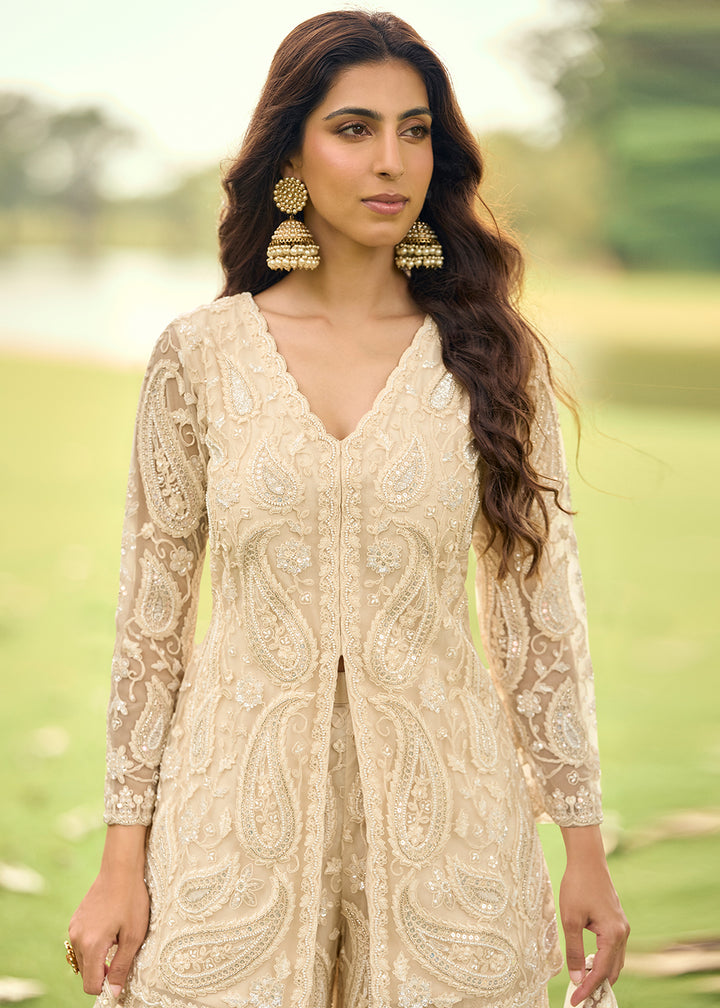 Buy Now Festive Eid Style Cream Embroidered Net Palazzo Suit Online in Toronto, Newark, Katy, Houston, Fremont, Dubai, Nevada, Kansas & Worldwide at Empress.