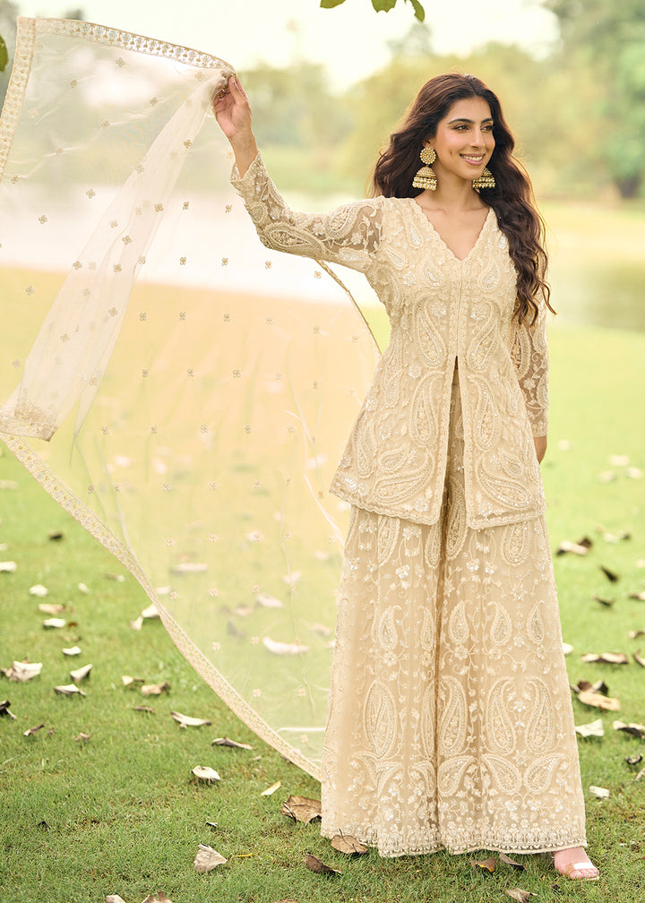 Buy Now Festive Eid Style Cream Embroidered Net Palazzo Suit Online in Toronto, Newark, Katy, Houston, Fremont, Dubai, Nevada, Kansas & Worldwide at Empress.