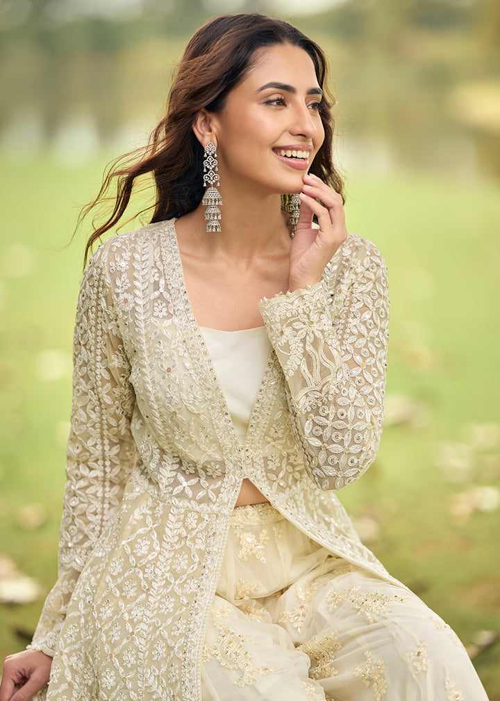 Buy Now Festive Eid Style Green Embroidered Net Palazzo Suit Online in Toronto, Newark, Katy, Houston, Fremont, Dubai, Nevada, Kansas & Worldwide at Empress.