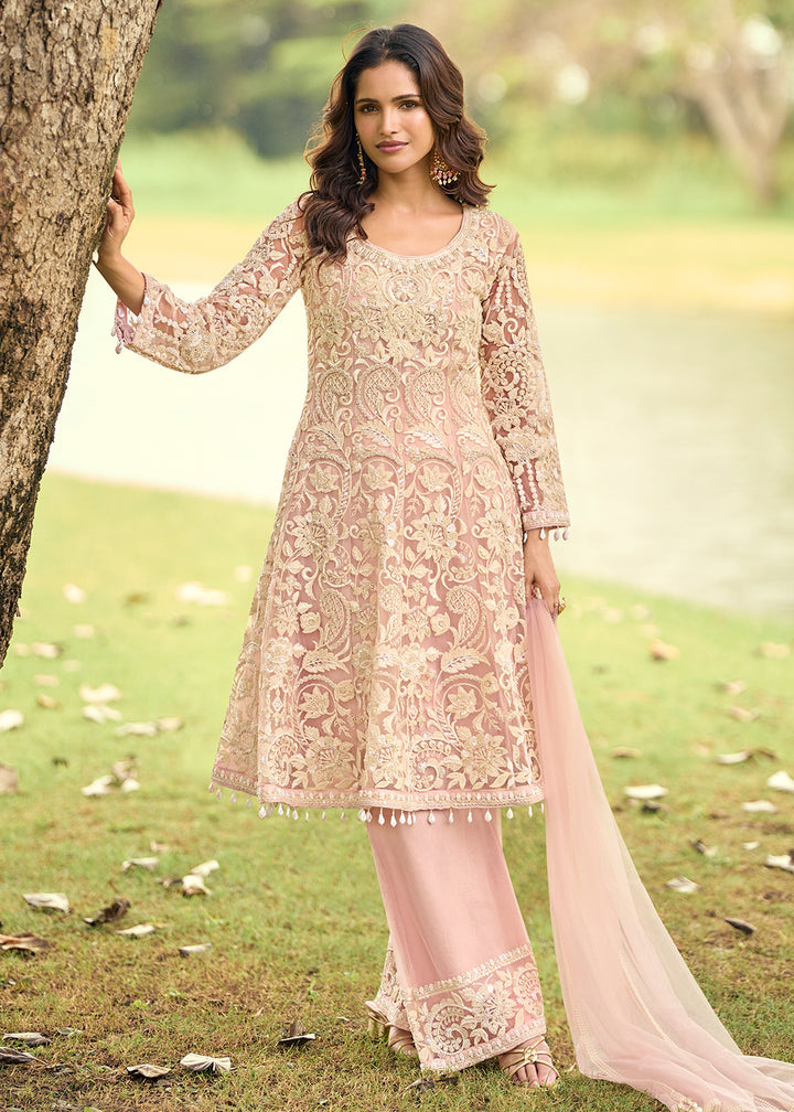 Buy Now Festive Eid Style Pink Embroidered Net Palazzo Suit Online in Toronto, Newark, Katy, Houston, Fremont, Dubai, Nevada, Kansas & Worldwide at Empress.