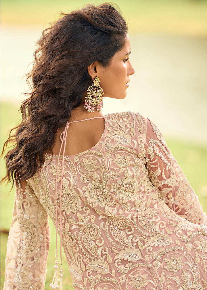 Buy Now Festive Eid Style Pink Embroidered Net Palazzo Suit Online in Toronto, Newark, Katy, Houston, Fremont, Dubai, Nevada, Kansas & Worldwide at Empress.