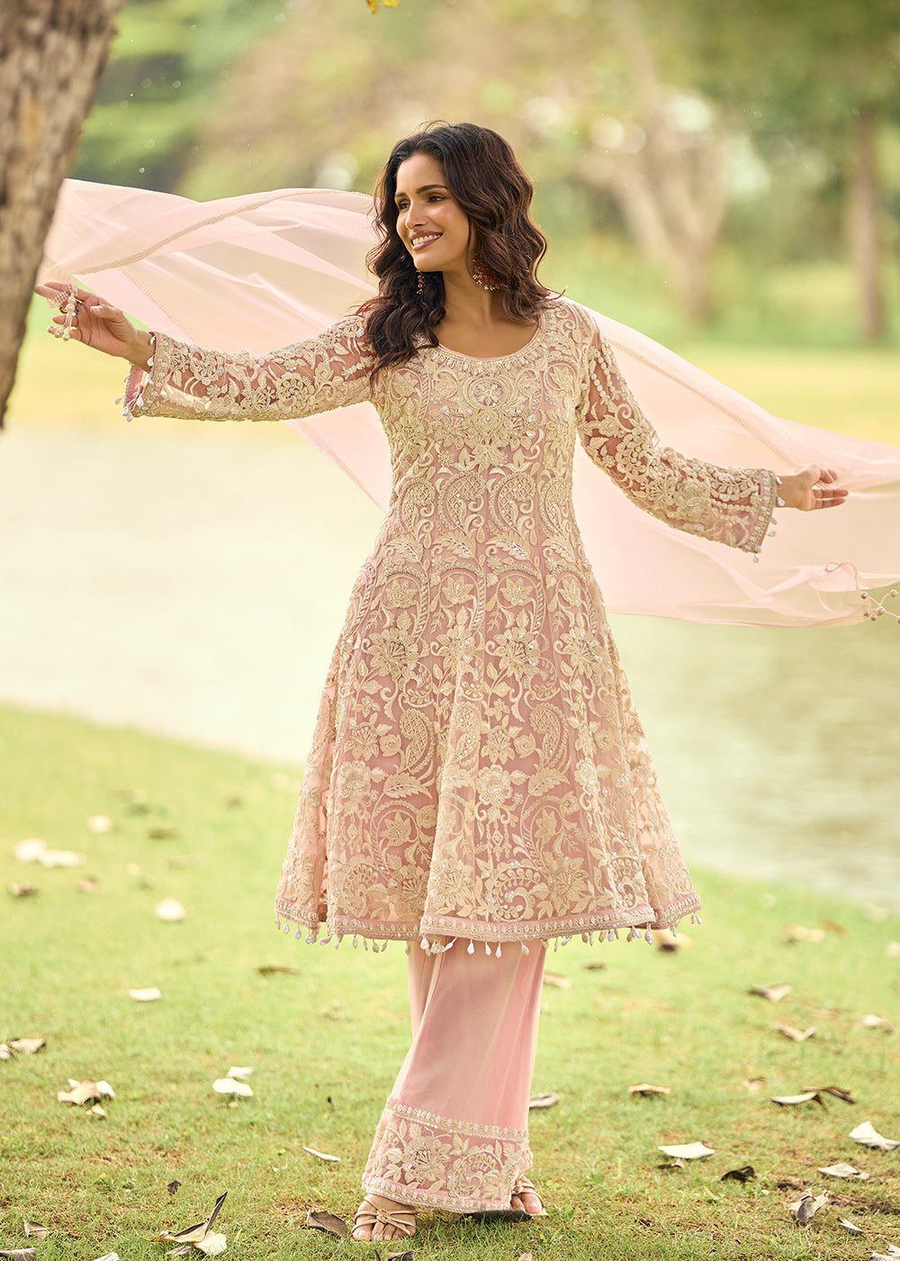 Buy Now Festive Eid Style Pink Embroidered Net Palazzo Suit Online in Toronto, Newark, Katy, Houston, Fremont, Dubai, Nevada, Kansas & Worldwide at Empress.