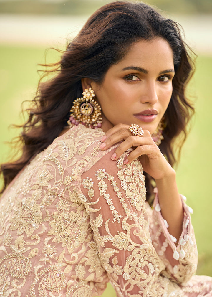 Buy Now Festive Eid Style Pink Embroidered Net Palazzo Suit Online in Toronto, Newark, Katy, Houston, Fremont, Dubai, Nevada, Kansas & Worldwide at Empress.