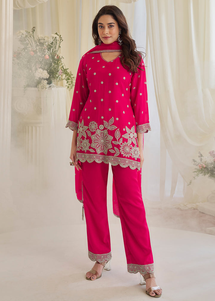 Buy Now Festive Wear Rani Pink Georgette Trouser Style Suit Online in Toronto, Newark, Katy, Houston, Fremont, Utah, Los Angeles, Boston & Worldwide at Empress.