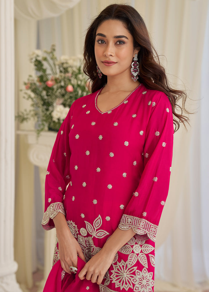 Buy Now Festive Wear Rani Pink Georgette Trouser Style Suit Online in Toronto, Newark, Katy, Houston, Fremont, Utah, Los Angeles, Boston & Worldwide at Empress.