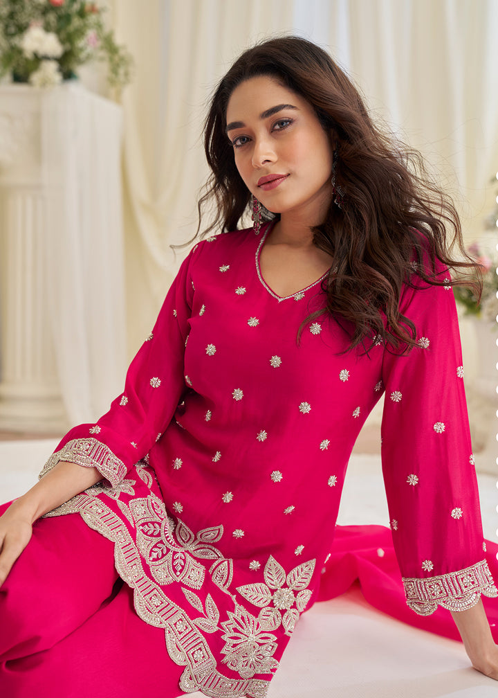 Buy Now Festive Wear Rani Pink Georgette Trouser Style Suit Online in Toronto, Newark, Katy, Houston, Fremont, Utah, Los Angeles, Boston & Worldwide at Empress.