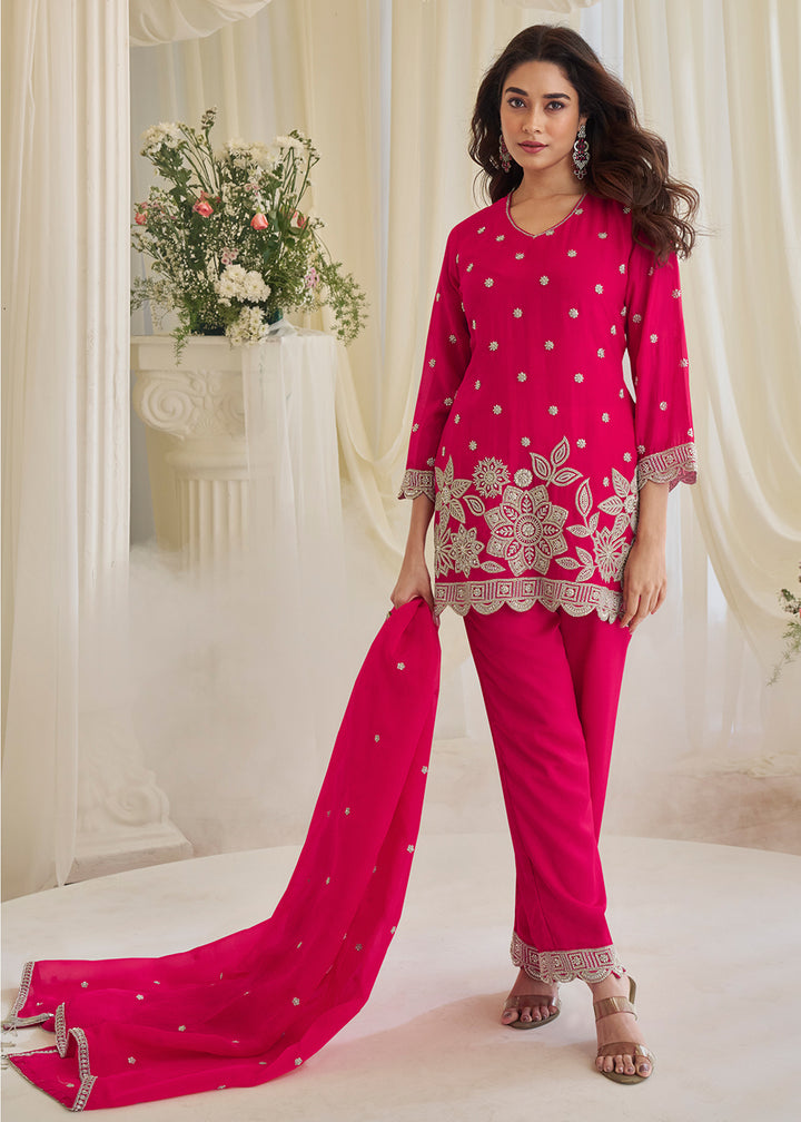 Buy Now Festive Wear Rani Pink Georgette Trouser Style Suit Online in Toronto, Newark, Katy, Houston, Fremont, Utah, Los Angeles, Boston & Worldwide at Empress.