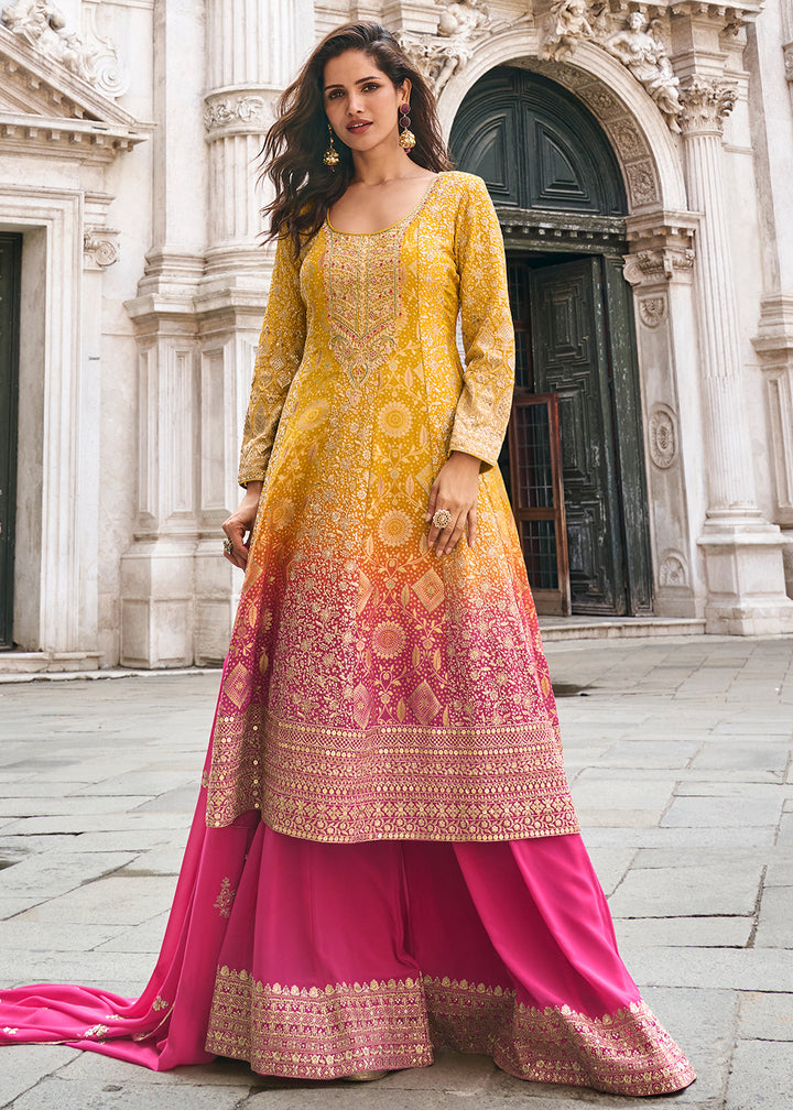Shop Now Shaded Yellow & Pink Viscose Silk Trendy Sharara Suit Online at Empress in USA, UK, Canada, Italy, Germany, France, Greece, Sweden, UAE & Worldwide.