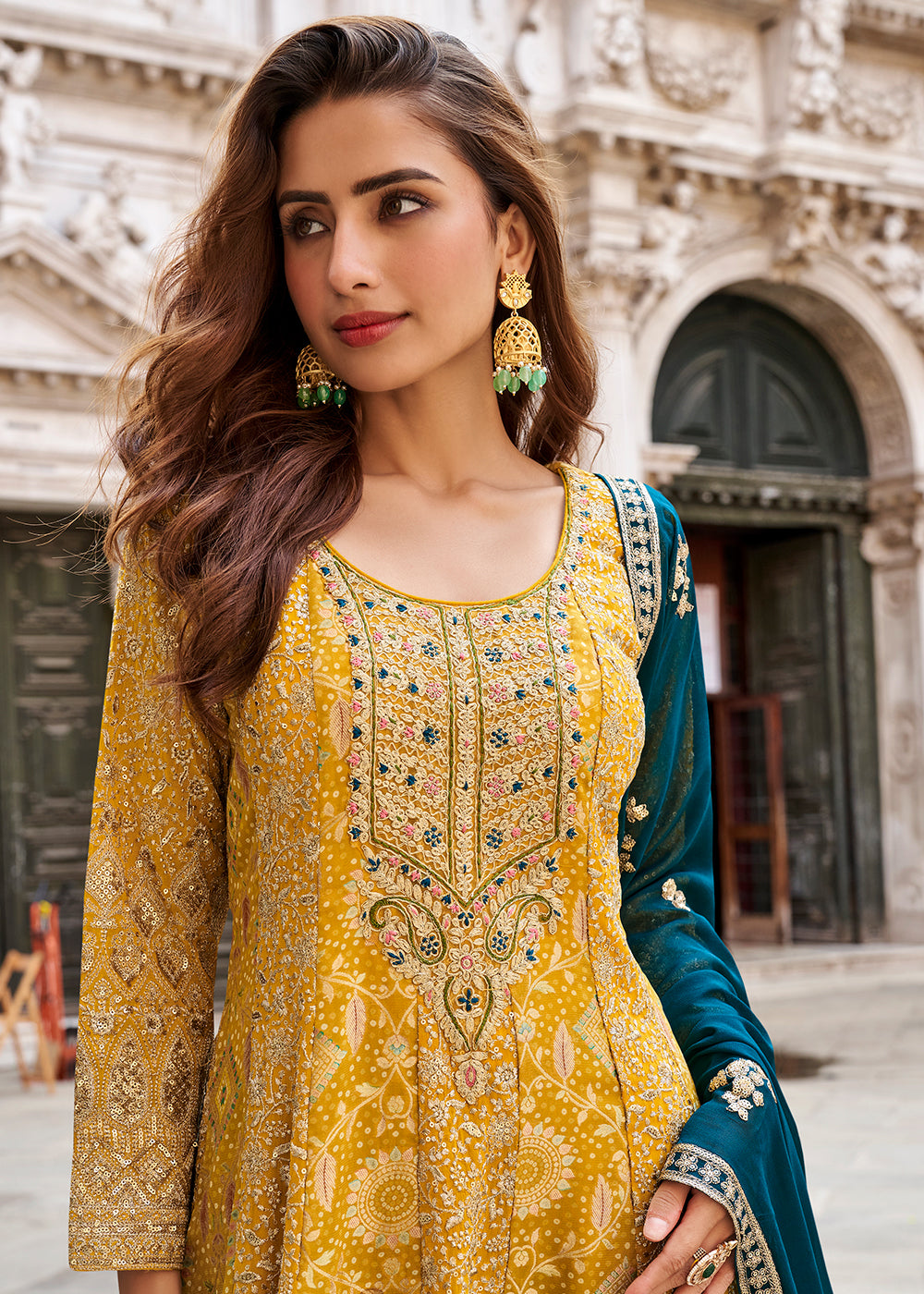 Shop Now Shaded Yellow & Blue Viscose Silk Trendy Sharara Suit Online at Empress in USA, UK, Canada, Italy, Germany, France, Greece, Sweden, UAE & Worldwide.