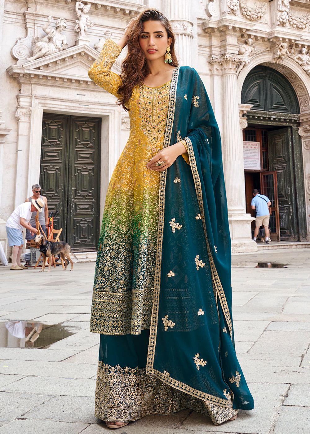 Shop Now Shaded Yellow & Blue Viscose Silk Trendy Sharara Suit Online at Empress in USA, UK, Canada, Italy, Germany, France, Greece, Sweden, UAE & Worldwide.