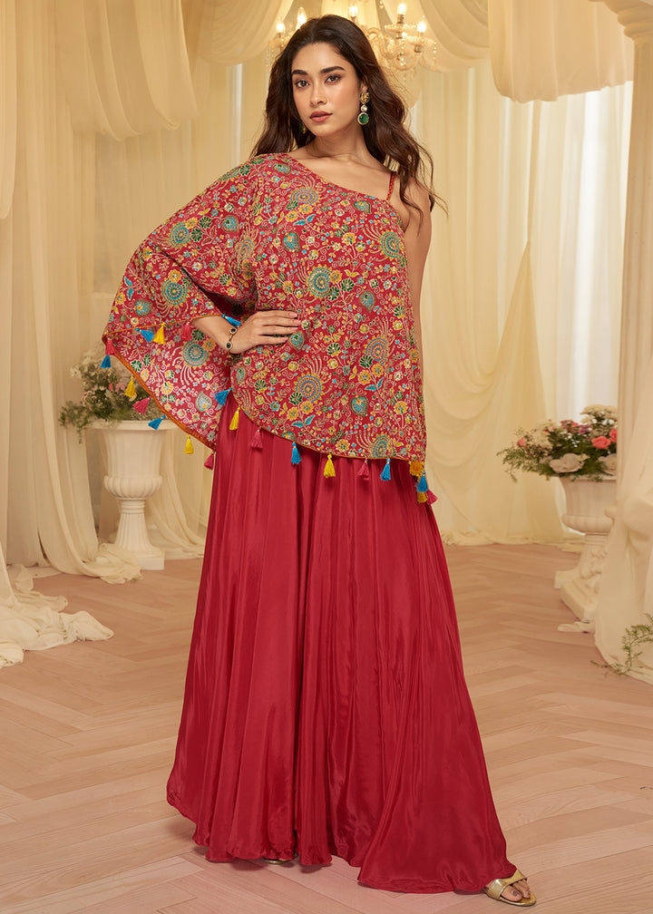 Buy Now Red Viscose Crepe Stylist Indo Western Palazzo Dress Online in Toronto, Newark, Katy, Houston, Fremont, Nevada, Boston, Utah, UAE & Worldwide at Empress.