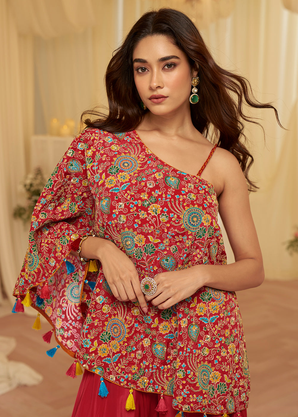 Buy Now Red Viscose Crepe Stylist Indo Western Palazzo Dress Online in Toronto, Newark, Katy, Houston, Fremont, Nevada, Boston, Utah, UAE & Worldwide at Empress.