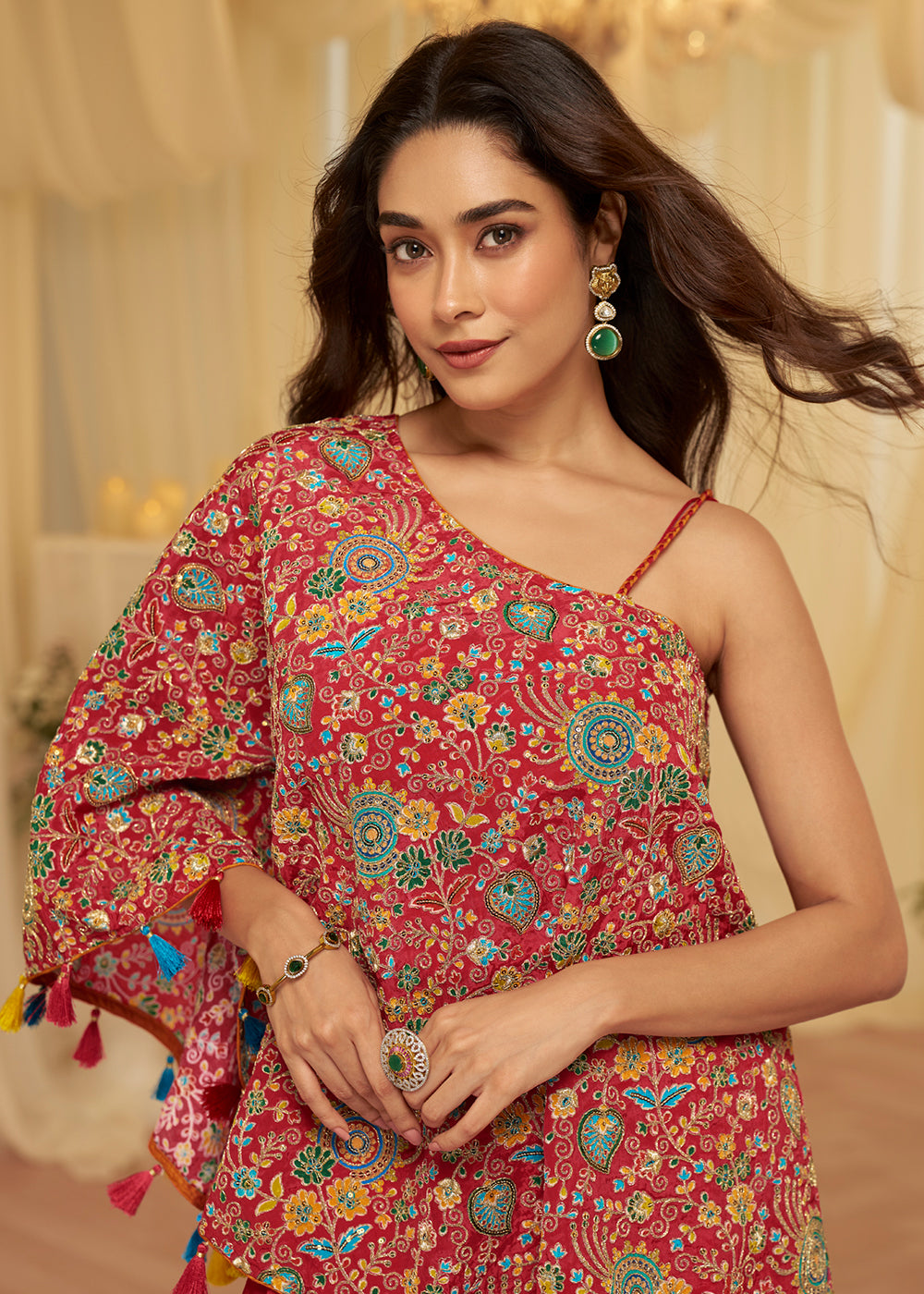 Buy Now Red Viscose Crepe Stylist Indo Western Palazzo Dress Online in Toronto, Newark, Katy, Houston, Fremont, Nevada, Boston, Utah, UAE & Worldwide at Empress.