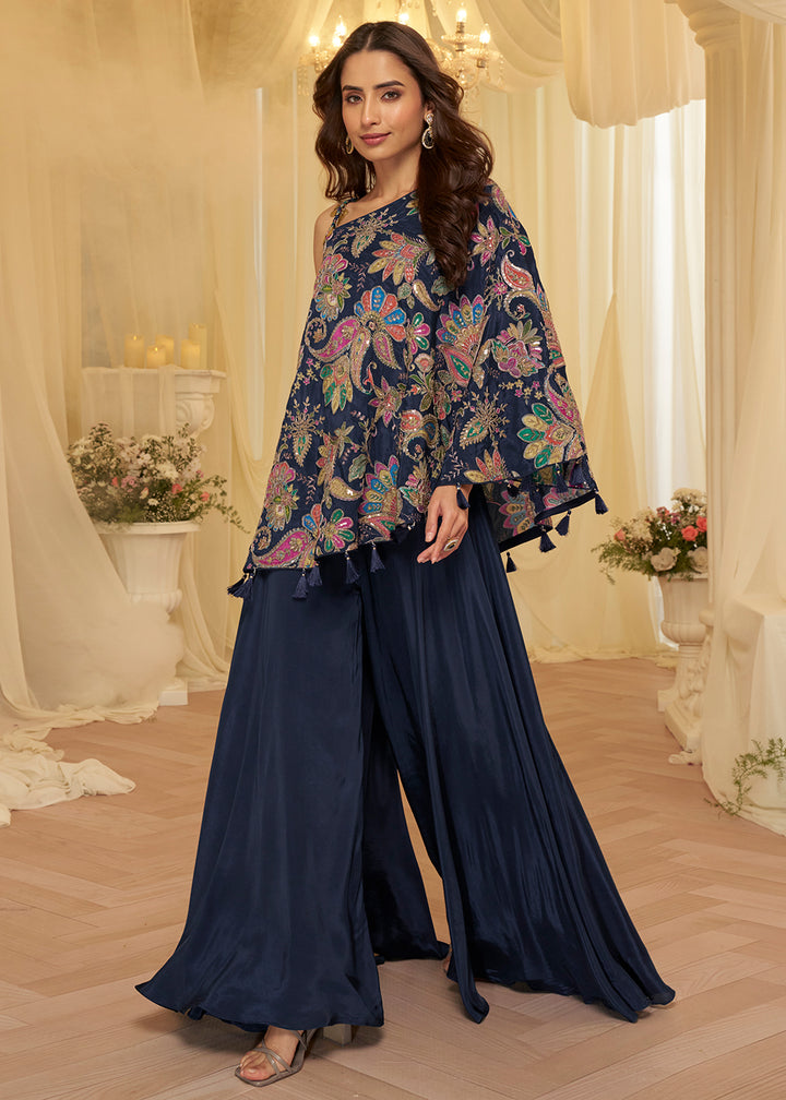 Buy Now Blue Viscose Crepe Stylist Indo Western Palazzo Dress Online in Toronto, Newark, Katy, Houston, Fremont, Nevada, Boston, Utah & Worldwide at Empress.