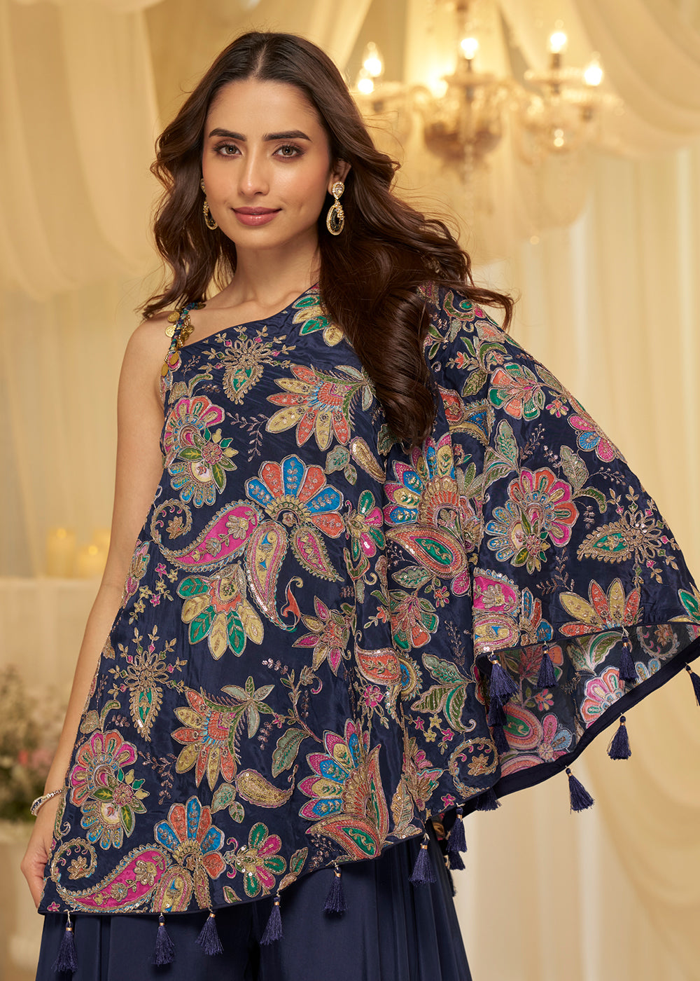 Buy Now Blue Viscose Crepe Stylist Indo Western Palazzo Dress Online in Toronto, Newark, Katy, Houston, Fremont, Nevada, Boston, Utah & Worldwide at Empress.